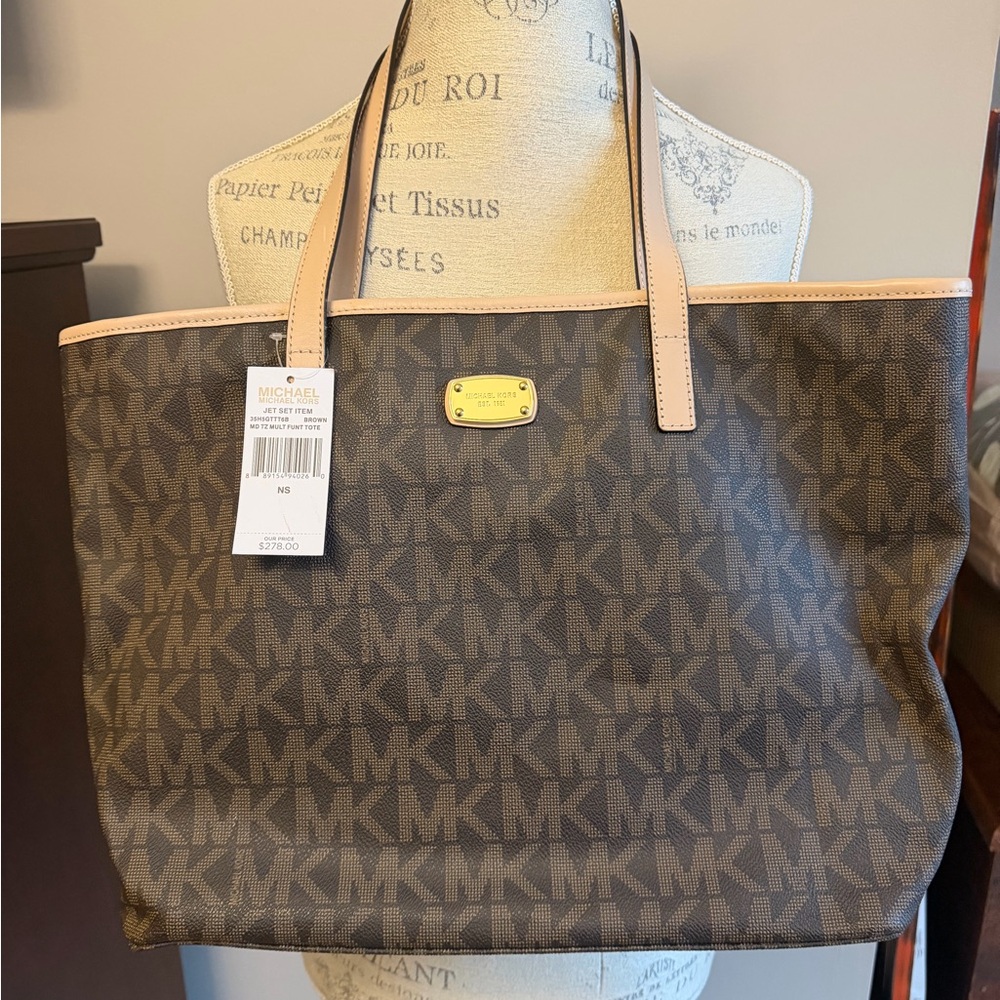 Michael Kors Brown MK Monogram Tote with Light Pink Trim